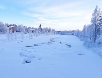 Scenic view of snow covered land against sky