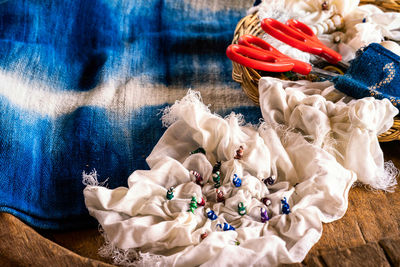 High angle view of seashells on table