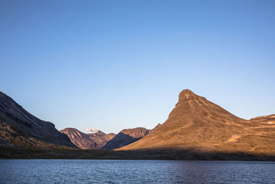 Scenic view of mountains against clear blue sky