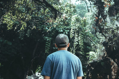 Rear view of man standing in forest