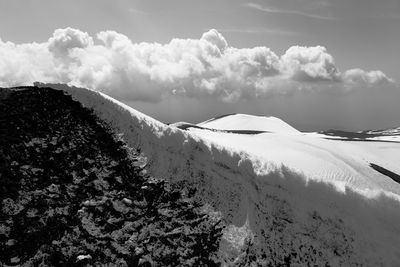 Scenic view of snow covered mountains against sky