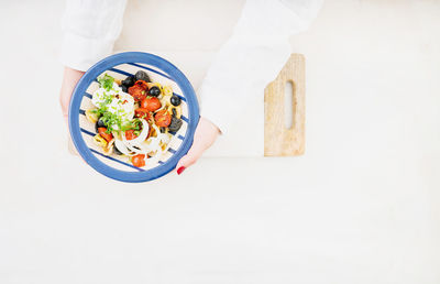 High angle view of meal served on table