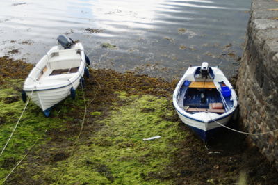 High angle view of boat moored on shore