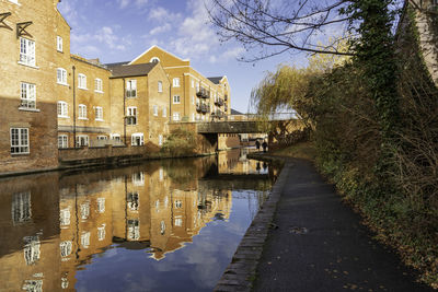 Reflection of buildings in lake against sky