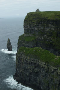 Scenic view of cliff by sea against sky