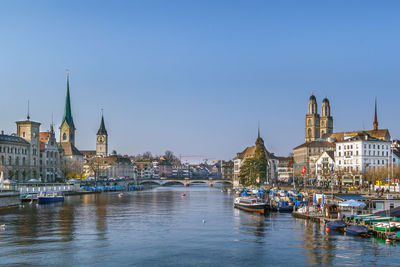 Limmat river with view of churchs in zurich, switzerland