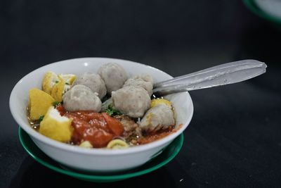 Close-up of meal served in bowl on table