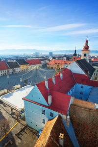 High angle view of buildings against sky