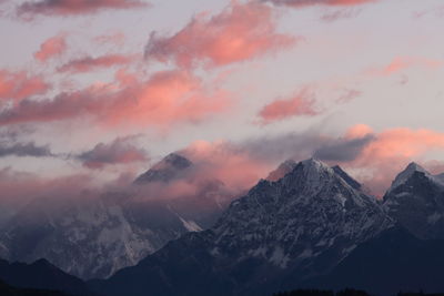 Scenic view of mountains against sky during sunset