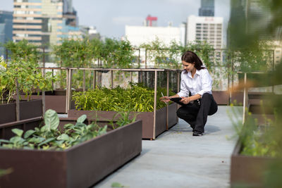 Woman sitting on potted plant in city