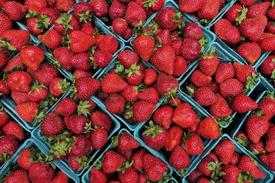 High angle view of strawberries in container for sale at market stall