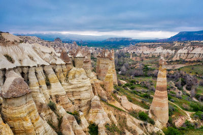 Aerial view of rock formations against cloudy sky