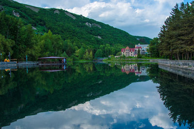 Reflection of trees in lake against sky