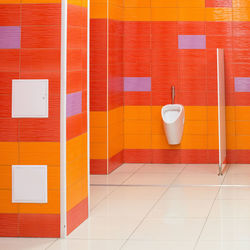 Bright orange toilet public restroom decor elements.,