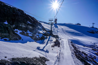 Panoramic view of snowcapped mountains against bright sun