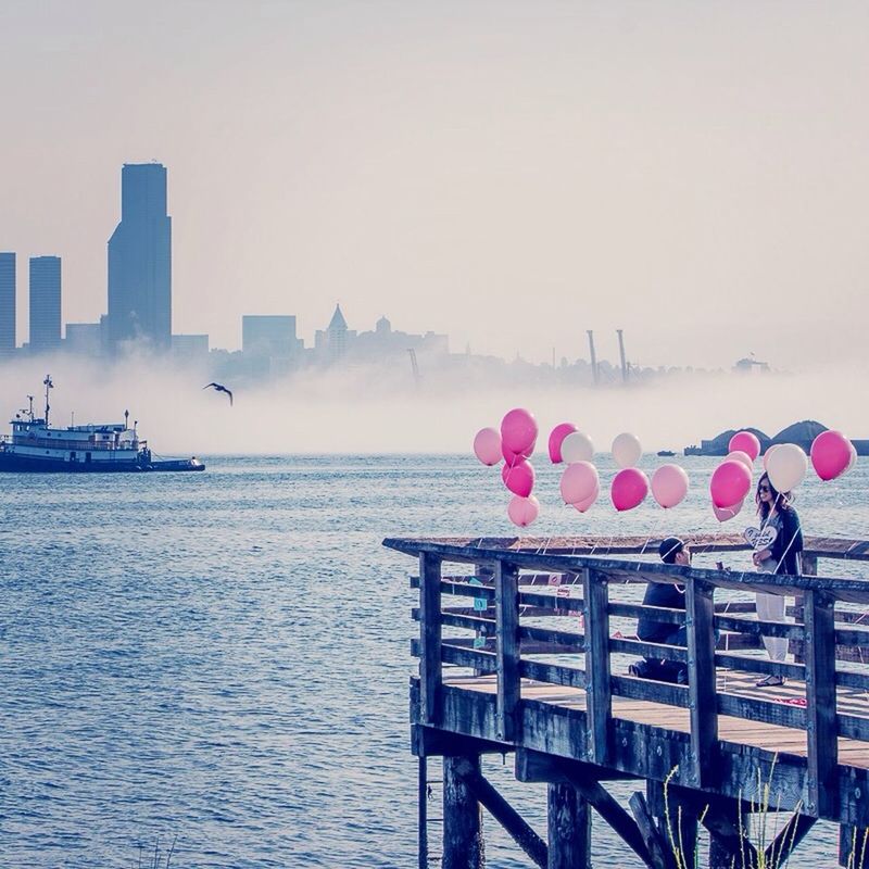 water, sea, built structure, architecture, building exterior, horizon over water, clear sky, day, nature, flower, sky, copy space, railing, waterfront, beauty in nature, outdoors, no people, city, river, pink color