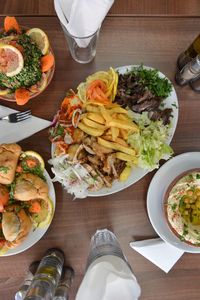 High angle view of food served on table