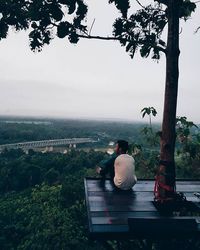 People sitting on tree trunk