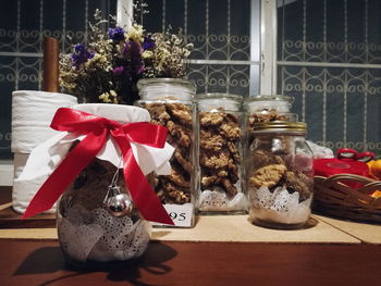 Close-up of christmas decorations on table