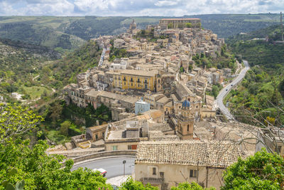 High angle view of buildings in city, ragusa ibla