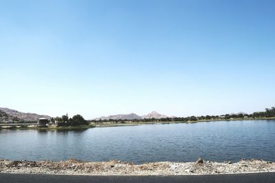 Scenic view of sea against clear blue sky