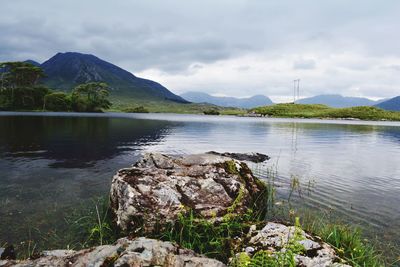 Scenic view of lake against cloudy sky