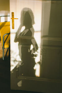 Shadow of man and woman walking on yellow door