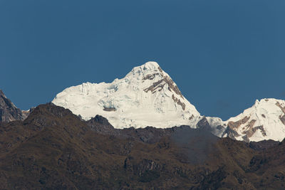 Scenic view of snowcapped mountains against clear blue sky