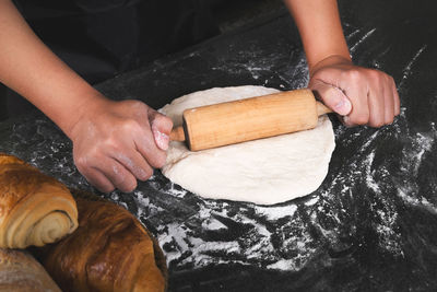 High angle view of person preparing food in kitchen