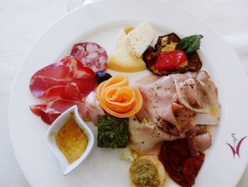 High angle view of food served in plate