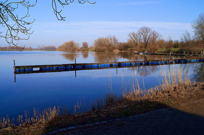 Scenic view of lake against blue sky