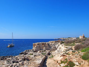 Scenic view of sea against clear blue sky