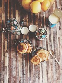 High angle view of breakfast on table