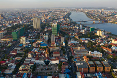 Phnompenh capital of cambodia on the sunset with beautiful landscape by drone