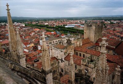 High angle view of townscape against sky in city