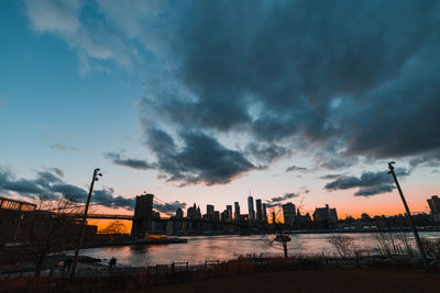 Silhouette buildings by city against sky at sunset