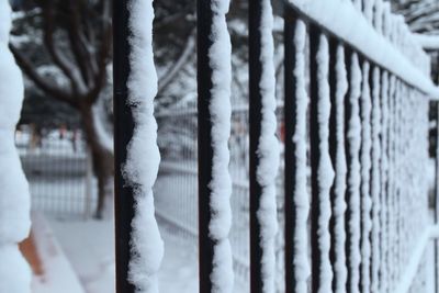Close-up of icicles on fence during winter