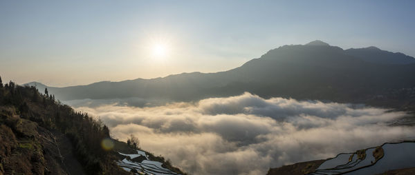 Panoramic view of mountains against sky during sunset