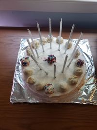 High angle view of cake on table