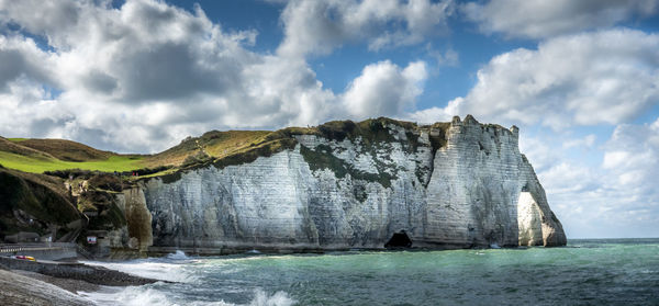 Panoramic view of sea against sky at etretat, famous place in normandy france