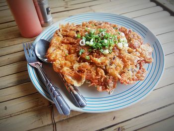 High angle view of breakfast served on table