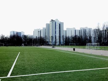 City skyline with skyscrapers in background