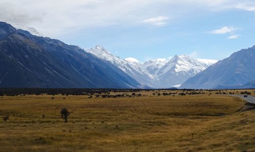 Scenic view of snowcapped mountains against sky