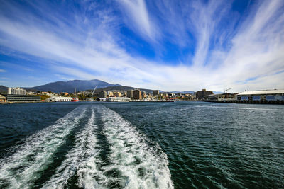 Panoramic view of sea against blue sky