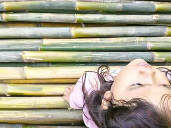 Directly above view of girl sitting on bamboos