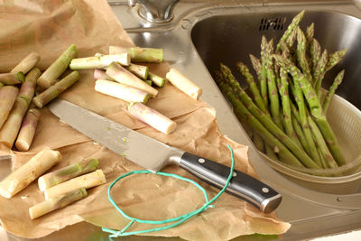 High angle view of chopped vegetables on table