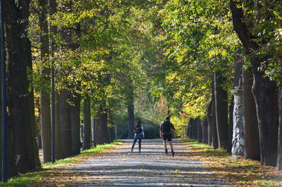 Rear view of couple walking amidst trees