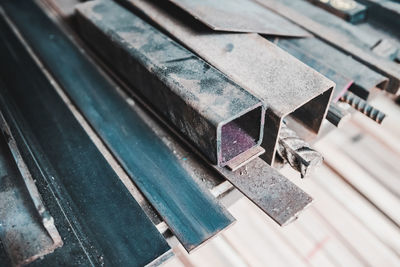 High angle view of old bench on table