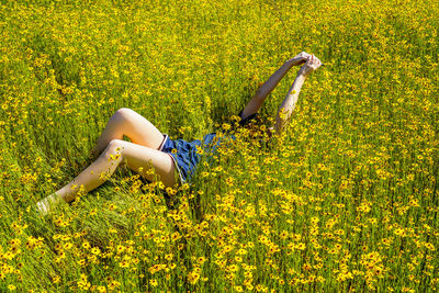 Young woman with yellow flowers on field