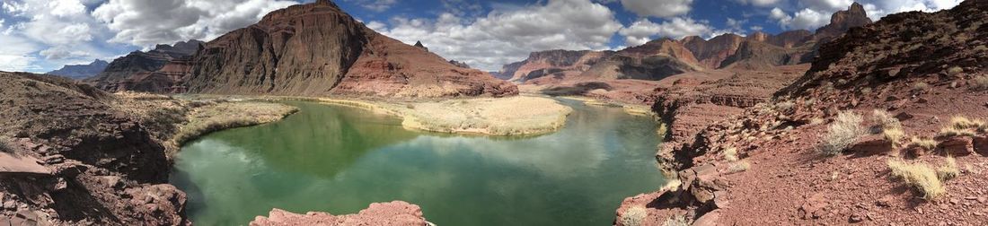 Panoramic view of lake and mountains against sky